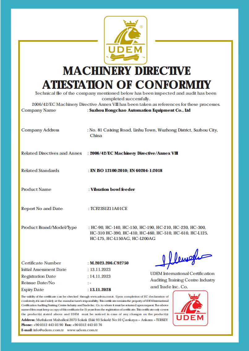 Machinery Directive Attestation of Conformity